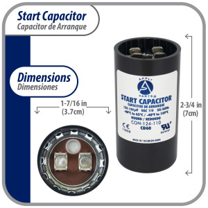 Appli Parts motor start capacitor 124-149 Mfd (microfarads) uF 110-125 VAC universal fit for electric motor applications 1-7/16 in Diameter 2-3/4 in Height CON-124-110

