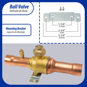 Appli Parts APBV-118 1-1/8 in Shut Off Ball Valve ODF Universal Replacement 610 psi (4.2 Mpa) max pressure -22 F to 248 F work temperature with 1/4 in SAE service port, with 8-1/2 in overall length