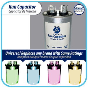 Appli Parts Condensador Capacitor de Marcha 6 Mfd uF (microfaradios) 370VAC o 450VAC CBB65 Universal Aire acondicionado y otras aplicaciones Redondo UL E476928 6.4cm Alto 3.7cm Ancho CON-6-450