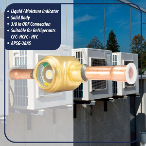 Appli Parts APSG-38AS Visor de Liquido 3/8 pulg Indicador de Humedad con conexiones Soldable con cuerpo solido para Sistemas de Refrigeracion y Aire Acondicionado compatible con refrigerantes CFC, HCFC, HFC