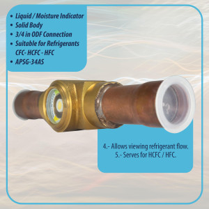 Appli Parts APSG-34AS Visor de Liquido 3/4 pulg Indicador de Humedad con conexiones Soldable con cuerpo solido para Sistemas de Refrigeracion y Aire Acondicionado