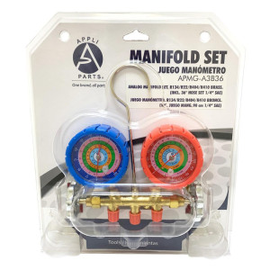Appli Parts APMG-A3B36 Manometro R134,R22,R404,R410, Escala Presion psi, Escala Temperatura Fahrenheit, Cuerpo de Laton, Incluye adaptor 5/16 SAE a 1/4 SAE y Juego de Mangueras 90 cm 1/4 SAE