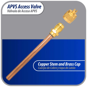 Appli Parts Valvula de acceso de 1/4 SAE x 1/4 pulg OD x con vastago de cobre de 8cm de largo con nucleo y tapa de laton con removedor de nucleo y empacadura APVS-14143