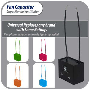 Appli Parts Fan Capacitor 5 mfd (microfarads) uf 250 VAC with 2 Wire Terminal Connections compatible with any brand with same capacitance 1-7/8in Width 3/4in Depth 1-1/8in Height CAP-5-250-2C