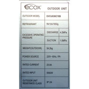 Unidad Cond. Descarga Vertical 36.000btu R410 230v/60hz/1ph Ecox Evcu036c10b