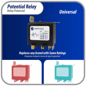 Appli Parts APPR-062 Potential Relay 062, Coil Voltage 395 V, Min Pick up 180 V, Max Pick up 195 V, Max Drop Out 100 V, 50/60 Hz Universal replacement for HVAC and Refrigeration units