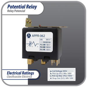 Appli Parts APPR-062 Relay Potencial 062, Voltaje de Bobina 395 V, Recogida Minima 180 V, Recogida Maxima 195 V, Caida Maxima 100 V, 50/60Hz Remplazo universal para refrigeracion y aire acondicionado