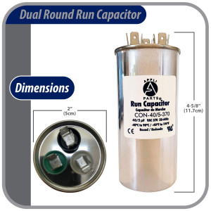 Appli Parts Dual Run Capacitor for ac 40+5 Mfd uF (microfarads) 370VAC CBB65 Round Universal fit for hvac and other applications 2 in Wide 4-5/8 in Height CON-40/5-370-R  