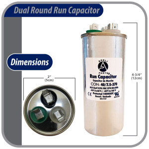 Appli Parts Dual Run Capacitor for ac 40+7.5 Mfd uF (microfarads) 370VAC CBB65 Round Universal fit for hvac and other applications 2 in Wide 4-3/4 in Height CON-40/7.5-370-R 