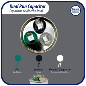 Appli Parts Dual Run Capacitor for ac 50+10 Mfd uF (microfarads) 370VAC CBB65 Round Universal fit for hvac and other applications 2-1/4 in Wide 5-3/8 in Height CON-50/10-370-R  