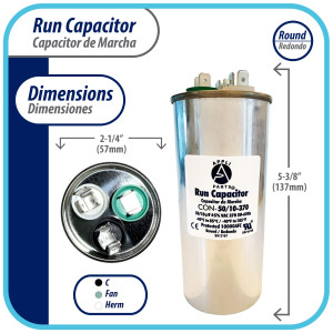 Appli Parts Condensador Capacitor de Marcha 50+10 Mfd uF (microfaradios) 370VAC CBB65 Universal Aire acondicionado y otras aplicaciones Redondo UL E476928 CON-50/10-370-R Appli Parts Condensador Capacitor de Marcha 50+10 Mfd uF (microfaradios) 370VAC CBB65 Universal Aire acondicionado y otras aplicaciones Redondo UL E476928 CON-50/10-370-R