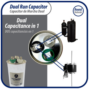 Appli Parts Dual Run Capacitor for ac 50+10 Mfd uF (microfarads) 370VAC CBB65 Round Universal fit for hvac and other applications 2-1/4 in Wide 5-3/8 in Height CON-50/10-370-R  