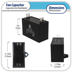 Appli Parts Condensador Capacitor de ventilador 12 mfd (microfaradios) uf 450VAC con conectores compatible con cualquier marca de igual capacitancia 5.8cm Ancho 2.8cm Profundidad 5cm Alto CAP-12-450