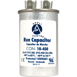 Appli Parts Condensador Capacitor de Marcha 10 Mfd uF (microfaradios) 370VAC o 450VAC CBB65 Universal Aire acondicionado y otras aplicaciones Redondo UL E476928 7.5cm Alto 3.7cm Ancho CON-10-450