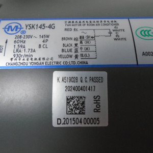 Motor Ventilador Unidad Interna Ecox YKSS-145-4-1 RoHS 208-230V/60Hz 14W 4p 1.59A Lra 1.73A 930rpm 202400401417 11002012000375 
Sirve EA5D50C00B Motor Ventilador Unidad Interna Ecox YKSS-145-4-1 RoHS 208-230V/60Hz 14W 4p 1.59A Lra 1.73A 930rpm 202400401417 11002012000375 
Sirve EA5D50C00B