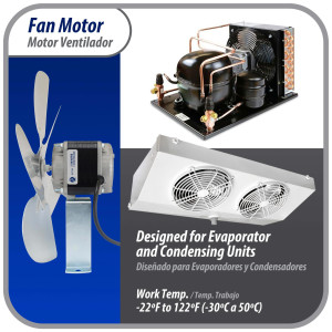 Appli Parts APFM-252E Motor Ventilador 25W Condensador y Evaporador 220V 60Hz 1.0A, Incluye Aspa de Aluminio de 30cm y Base de Montaje, Repuesto Universal para Equipos de Refrigeracion Comercial