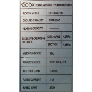 Ceiling/Floor 36.000btu R410 230v/60hz/1ph Ecox Eptc036c10b