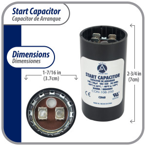 Appli Parts CON-108-250 Capacitor de Arranque 108-130 MFD (microfaradios) uF, 250 VAC. Universal para Motores Electricos, condensador de arranque de 3.7 cm de Diametro, 7 cm de Alto