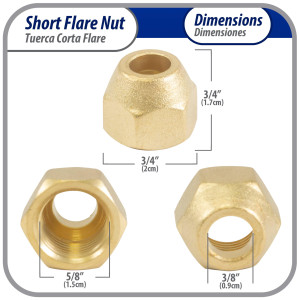 Appli Parts APFN-38 Copa tuerca cortas de laton de 3/8 de diametro exterior flare para usar con tuberias de cobre, laton, aluminio o acero en aplicaciones de plomeria y climatizacion de lineas de gas