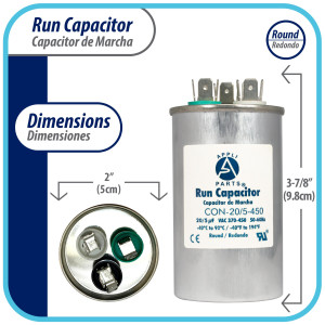 Appli Parts Condensador Capacitor de Marcha 20+5 Mfd uF (microfaradios) 370VAC o 450VAC CBB65 Universal Aire acondicionado y otras aplicaciones Redondo UL E476928 9.8cm Alto 5cm Ancho CON-20/5-450