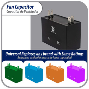Appli Parts Condensador Capacitor de ventilador 6 mfd (microfaradios) uf 450VAC con conectores compatible con cualquier marca de igual capacitancia 4.7cm Ancho 2.2cm Prof 4.3cm Alto CAP-6-450
