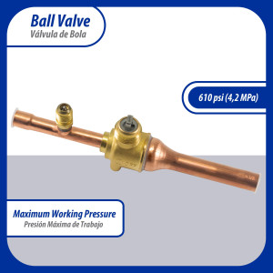 Appli Parts APBV-038 Valvula de Cierre 3/8 in tipo Bola de conexion soldable con puerto de servicio SAE de 1/4 in, presion maxima de trabajo 610 psi temperaturas de -30 C a 120 C longitud total 165mm