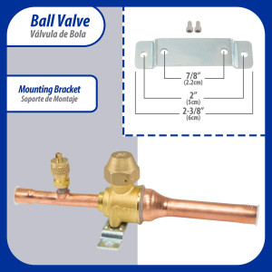 Appli Parts APBV-038 Valvula de Cierre 3/8 in tipo Bola de conexion soldable con puerto de servicio SAE de 1/4 in, presion maxima de trabajo 610 psi temperaturas de -30 C a 120 C longitud total 165mm