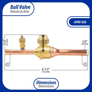 Appli Parts APBV-038 3/8 in Shut Off Ball Valve ODF Universal Replacement 610 psi (4.2 Mpa) max pressure -22 F to 248 F work temperature with 1/4 in SAE service port, with 6-1/2 in overall length