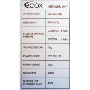 Unidad Cond. Descarga Vertical 48.000btu R410 230v/60hz/1ph Ecox Evcu048c10b