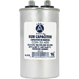Appli Parts Run Capacitor for ac 35 Mfd uF (microfarads) 370 VAC or 450 VAC CBB65 Round Universal fit for hvac and other applications 3-5/8 in High 1-7/8 in Wide CON-35-450
