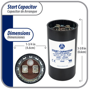 Appli Parts motor start capacitor 270-324 Mfd (microfarads) uF 250 VAC universal fit for electric motor applications 1-3/4 in Diameter 3-3/8 in Height CON-270-250 
