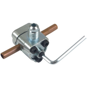 Appli Parts APT-PV210 Valvula perforadora 1/4, 5/16 o 3/8 pulg tipo bala con adaptadores y empacadura para sistemas de refrigeracion con puerto de servicio SAE de 1/4 pulg