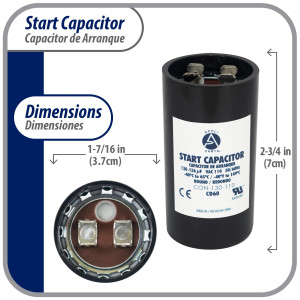 Appli Parts motor start capacitor 130-156 Mfd (microfarads) uF 110-125 VAC universal fit for electric motor applications 1-7/16 in Diameter 2-3/4 in Height CON-130-110

