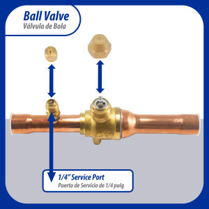 Appli Parts APBV-058 Valvula de Cierre 5/8 in tipo Bola de conexion soldable con puerto de servicio SAE de 1/4 in, presion maxima de trabajo 610 psi temperaturas de -30 C a 120 C longitud total 165mm