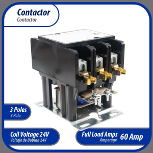 Appli Parts APAC-36024 Contactor 3 Polos 60A 24V Bobina Repuesto para Compresores de CA y Aplicaciones Electricas Certificacion UL E476929 de Trabajo Pesado