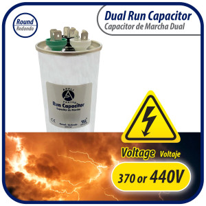 Appli Parts Condensador Capacitor de Marcha 75+7.5 Mfd uF (microfaradios) 370VAC o 450VAC CBB65 Universal Aire acondicionado y aplicaciones Redondo UL E476928 14.4cm Alto 5.7cm Ancho CON-75/7.5-450