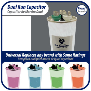 Appli Parts Dual Run Capacitor for ac 75+7.5 Mfd uF (microfarads) 370VAC or 450VAC CBB65 Round Universal fit for hvac and other applications 5-3/4 in High 2-3/8 in Wide CON-75/7.5-450