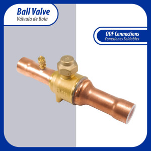 Appli Parts APBV-138 Valvula de Cierre 1-3/8 in tipo Bola de conexion soldable con puerto de servicio SAE de 1/4 in, presion maxima de trabajo 610 psi temperaturas de -30C a 120C longitud total 256mm