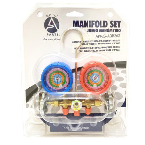 Appli Parts APMB-A3B36S Manometro R134,R22,R404,R410 1/4in SAE, Escala Presion psi, Escala Temperatura Fahrenheit, Cuerpo de Laton con Visor, Adaptor 5/16 SAE a 1/4 SAE y Mangueras de 90cm 1/4 SAE