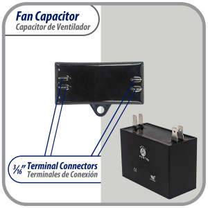 Appli Parts Condensador Capacitor de ventilador 10 mfd (microfaradios) uf 450VAC con conectores compatible con cualquier marca de igual capacitancia 5.8cm Ancho 2.2cm Profundidad 4.6cm Alto CAP-10-450