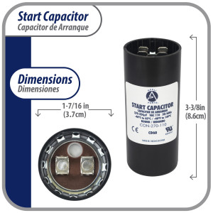 Appli Parts motor start capacitor 270-324 Mfd (microfarads) uF 110-125 VAC universal fit for electric motor applications 1-7/16 in Wide 3-3/8 in Height CON-270-110
