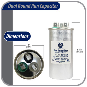Appli Parts Dual Run Capacitor for ac 35+5 Mfd uF (microfarads) 370VAC CBB65 Round Universal fit for hvac and other applications UL E476928 2in Wide  4-3/8in Height CON-35/5-370-R  
