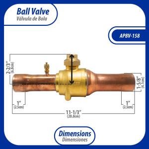 Appli Parts APBV-158 1-5/8 in Shut Off Ball Valve ODF Universal Replacement 610 psi (4.2 Mpa) max pressure -22 F to 248 F work temperature with 1/4 in SAE service port, with 11-1/3 in overall length