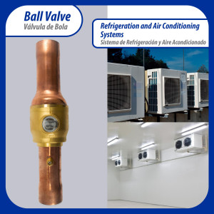 Appli Parts APBV-158 Valvula de Cierre 1-5/8 in tipo Bola de conexion soldable con puerto de servicio SAE de 1/4 in, presion maxima de trabajo 610 psi temperaturas de -30C a 120C longitud total 288mm