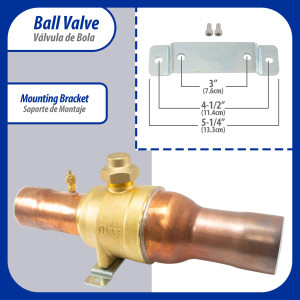 Appli Parts APBV-258 Valvula de Cierre 2-5/8 in tipo Bola de conexion soldable con puerto de servicio SAE de 1/4 in, presion maxima de trabajo 610 psi temperaturas de -30C a 120C longitud total 377mm