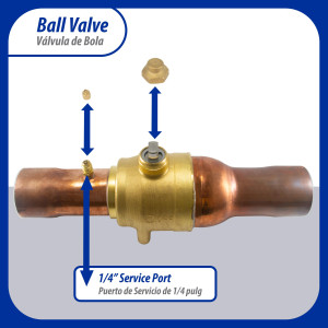 Appli Parts APBV-258 2-5/8 in Shut Off Ball Valve ODF Universal Replacement 610 psi (4.2 Mpa) max pressure -22 F to 248 F work temperature with 1/4 in SAE service port, with 14-5/6 in overall length