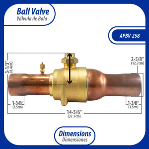 Appli Parts APBV-258 2-5/8 in Shut Off Ball Valve ODF Universal Replacement 610 psi (4.2 Mpa) max pressure -22 F to 248 F work temperature with 1/4 in SAE service port, with 14-5/6 in overall length