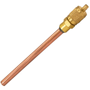 Appli Parts Valvula de acceso de 1/4 SAE x 3/16 pulg OD x con vastago de cobre de 5cm de largo con nucleo y tapa de laton con removedor de nucleo y empacadura APVS-143162