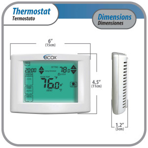 Ecox 7 Day Programmable air conditioning thermostat digital for home or office Touch Screen 5in LCD Backlit display 1 stage, 1C/1H cooling and heating battery (2xAA not Included) or 24 Volt Operated 