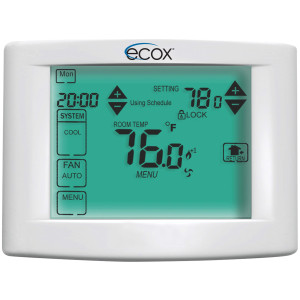 Ecox 7 Day Programmable air conditioning thermostat digital for home or office Touch Screen 5in LCD Backlit display 1 stage, 1C/1H cooling and heating battery (2xAA not Included) or 24 Volt Operated 